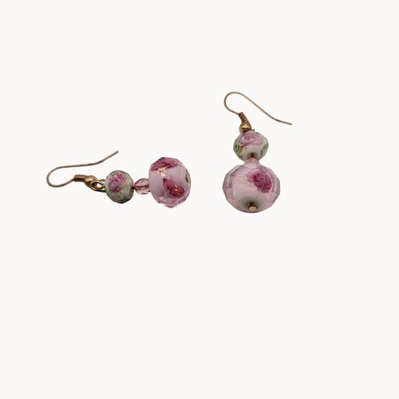 Glass Floral Earrings Pink Triple Beaded Rose Gold-Toned Dangle Drop Hook Lobe - Picture 2 of 9